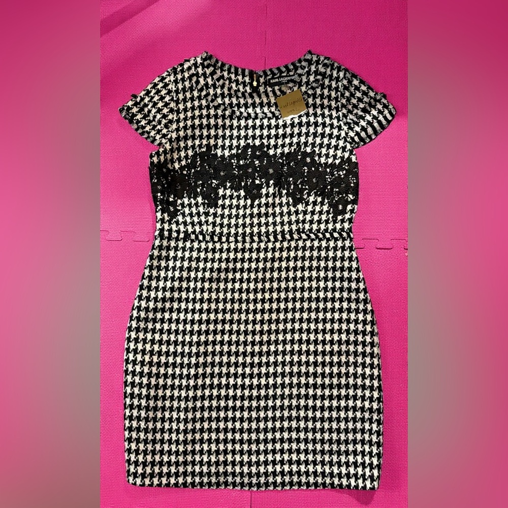 Karl Lagerfeld Black and White Houndstooth Dress with Lace Waist